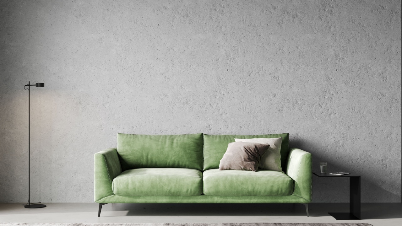 Scandinavian style living room interior mock up, modern living room interior background, green sofa and floor lamp, 3d rendering