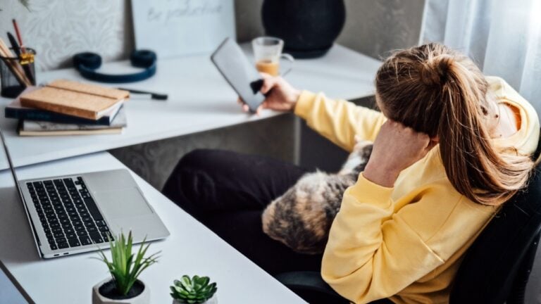 Woman freelance or procrastinate at workplace at home office. Self-employed businesswoman with cat distracted from work on laptop scrolling social media on smartphone.