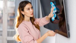Young european woman wipes the dust from the TV with a rag, tidying up the apartment