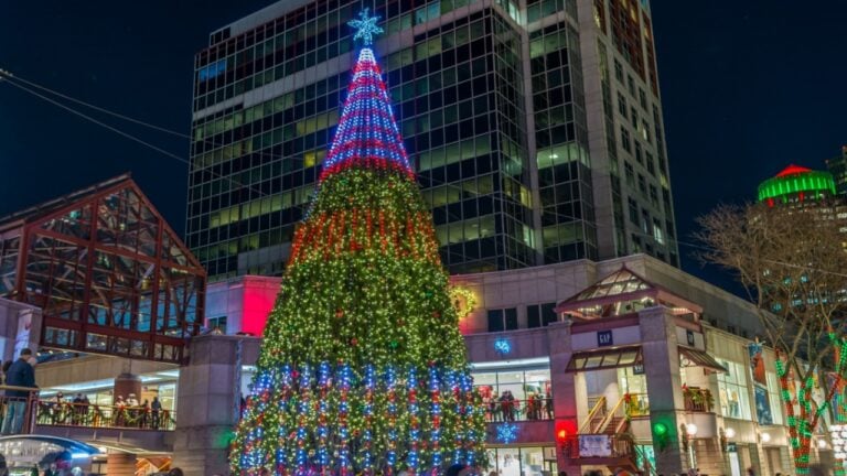 BOSTON, UNITED STATES - Feb 12, 2018: A Christmas tree of Faneuil Hall in Boston at night