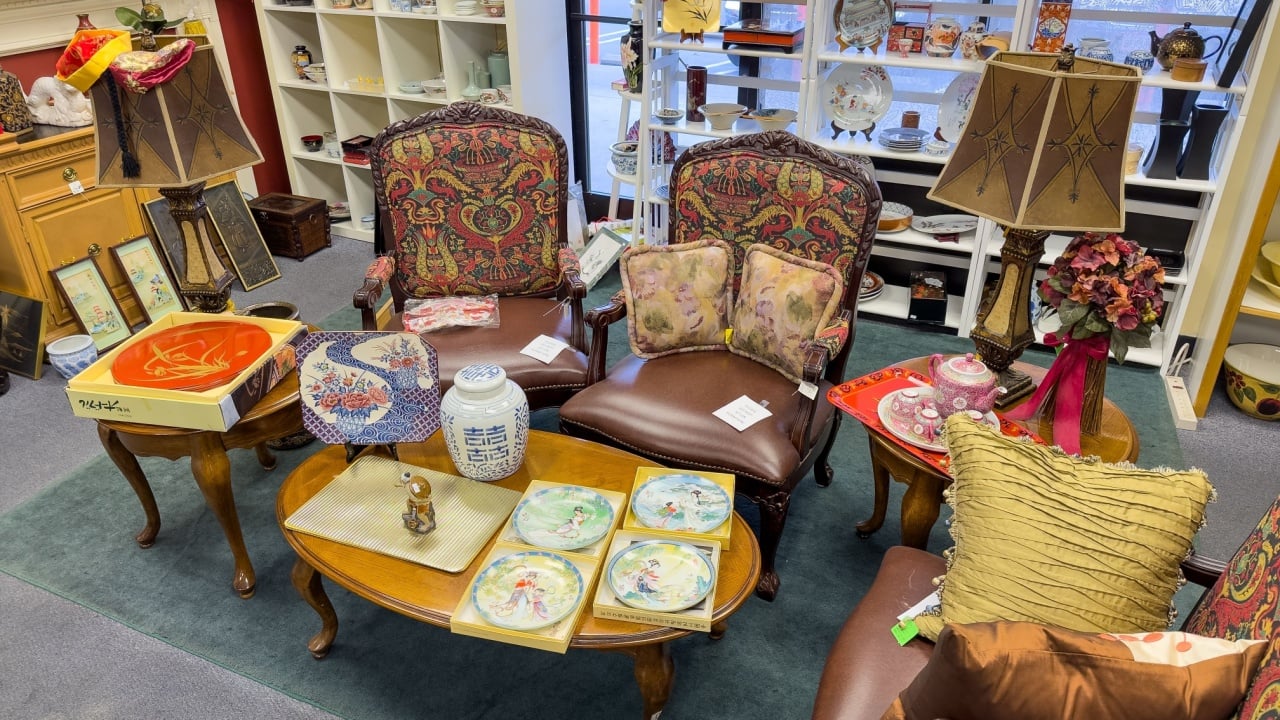 San Jose, CA - January 8, 2023: Closeup of used vintage furniture inside a Thrift second hand store.