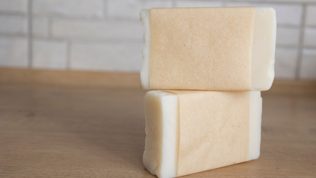 Close up craft soap mockup copy space for small business homemade natural organic soaps. Craft paper on cosmetic product. Spa treatment. Concept: Zero waste homemade craft soap