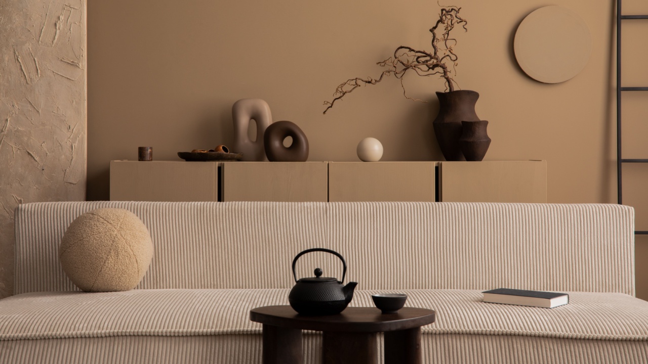 Minimalist composition of warm living room interior with modular sofa, wooden coffee table, round pillows, vase with branch, ladder, books, sculpture and personal accessories. Home decor. Template. 