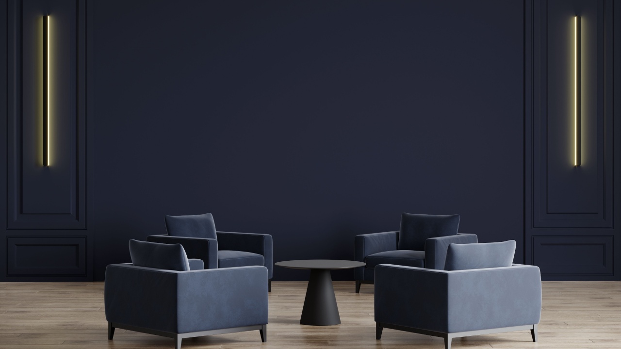 Dark room with accents. Blue navy armchairs. Deep indigo paint wall for art. Trendy modern minimalist interior design mockup large living. Background empty mockup. Stylish rich office hall. 3d render