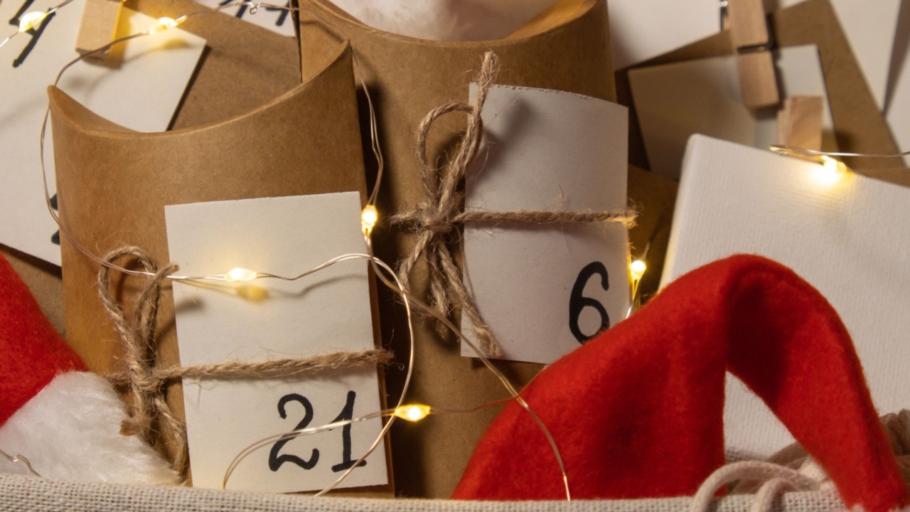 Original Advent Calendar for Christmas Homemade. Preparation to Christmas concept. Family winter holidays. Eco friendly presents gifts. open the package every day