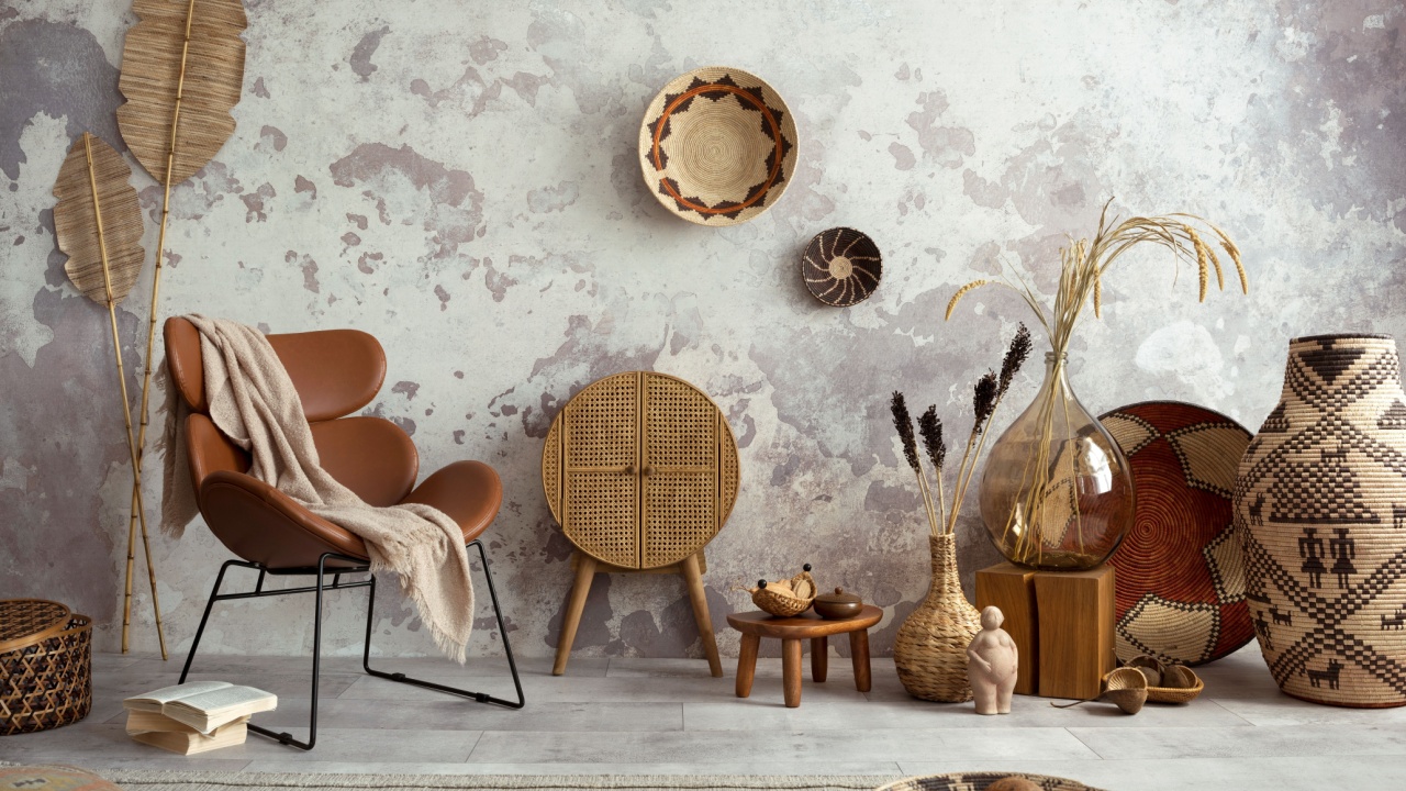 Interior design of ethnic living room interior with design leather brown armchair, colorful baskets, round rattan sideboard, gray carpet and personal accessories. Home decor. Template,