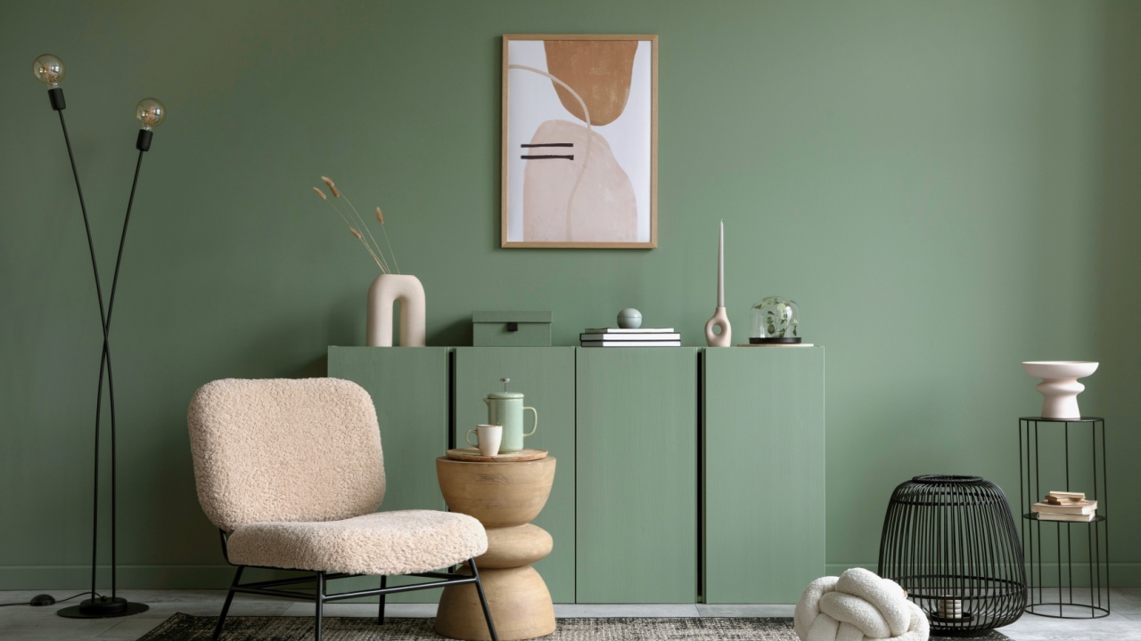 Stylish living room interior design with mock up poster frame, frotte armchair, wooden commode, side table, plants and creative home accessories. Sage green wall. Home staging. Template. Copy space.