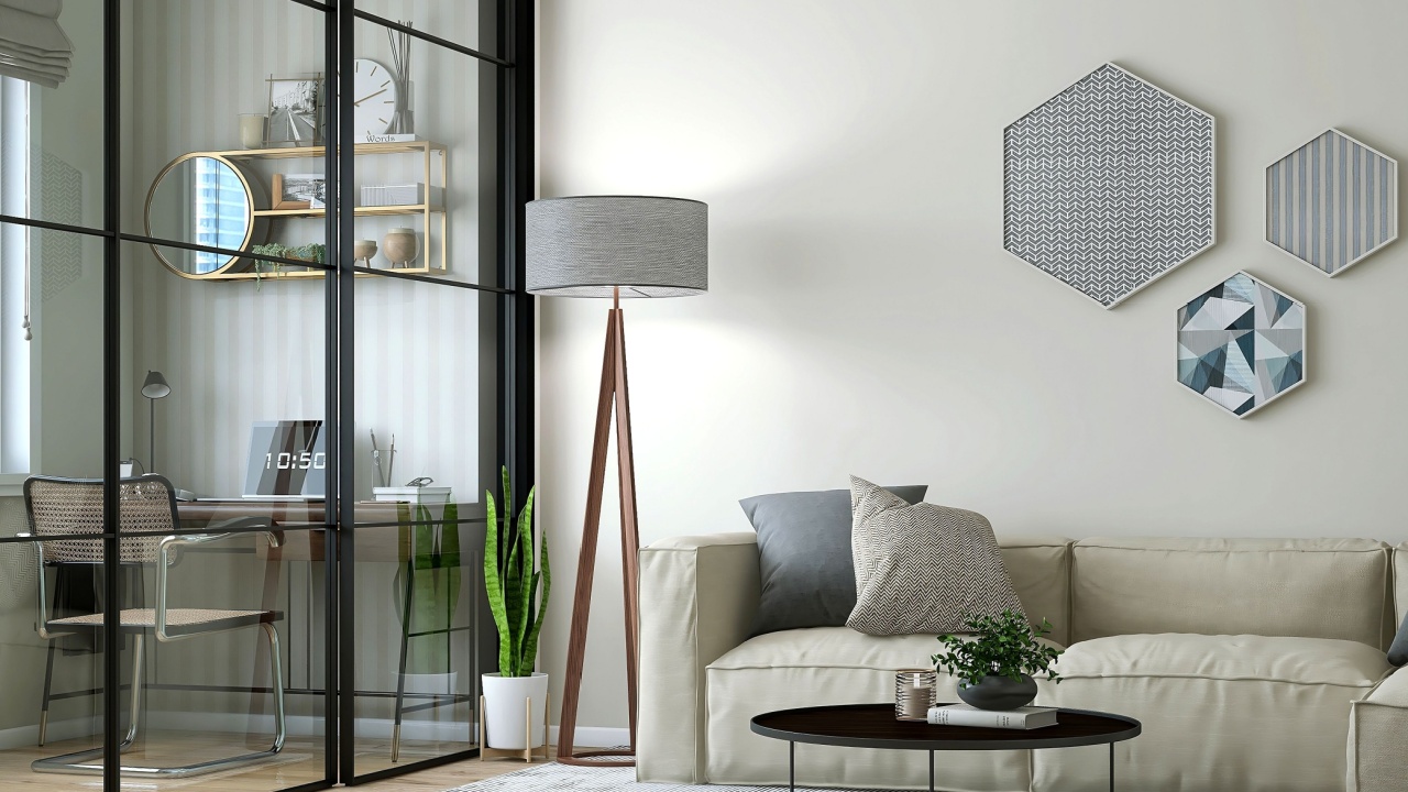 Cream daybed sofa in modern, luxury living room with coffee table, glass partition to working room in sunlight from window on white wall, laminated parquet floor for interior design decoration 3D