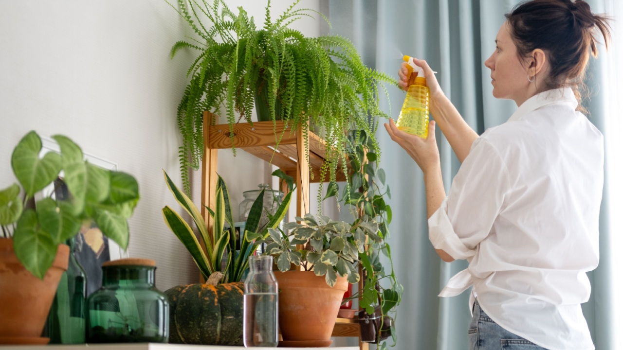 Woman sprays plants in flower pots at home. Indoor gardening. Caring for houseplants home. Interior with lots of plants.