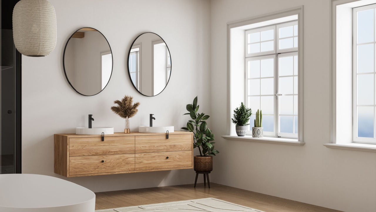 Elegant bathroom with white walls, white basin with oval mirrors, bathtub, shower, plants, and parquet floor. Boho scandinavian bathroom. 3d Rendering