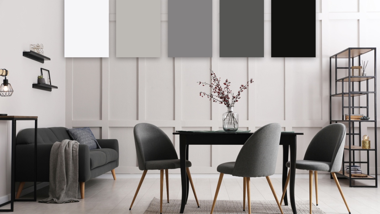 Spacious dining room with furniture. Color palette matching to this interior design