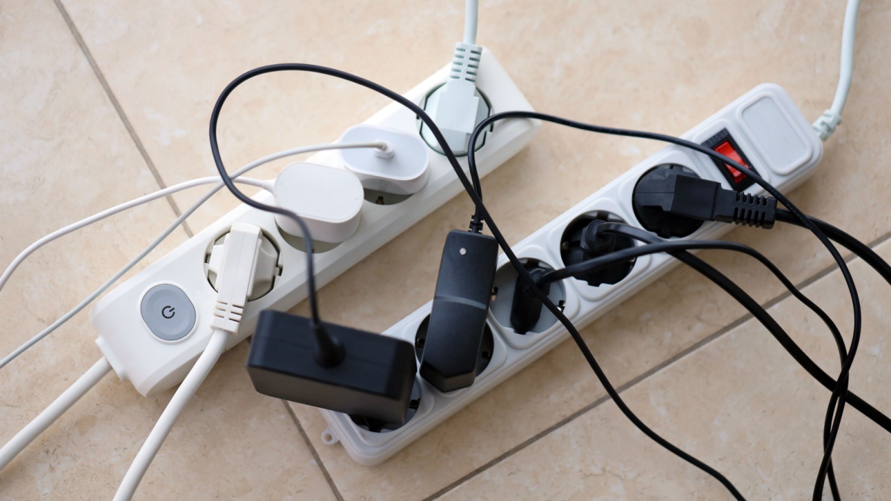 Overloaded power boards. Power strips with different electrical plugs on white floor. Concept of risk danger overloaded current electrical