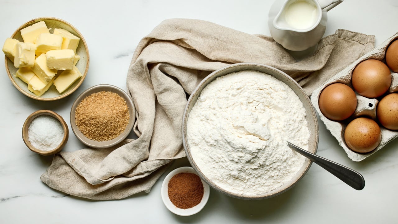 various baking ingredients on light grey painted kitchen table background, top view