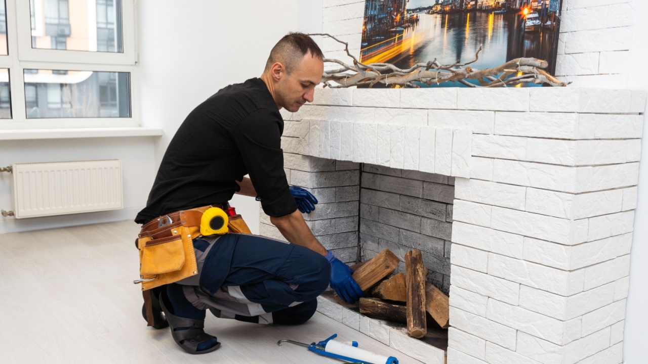 Service technician repairing a fireplace in a home