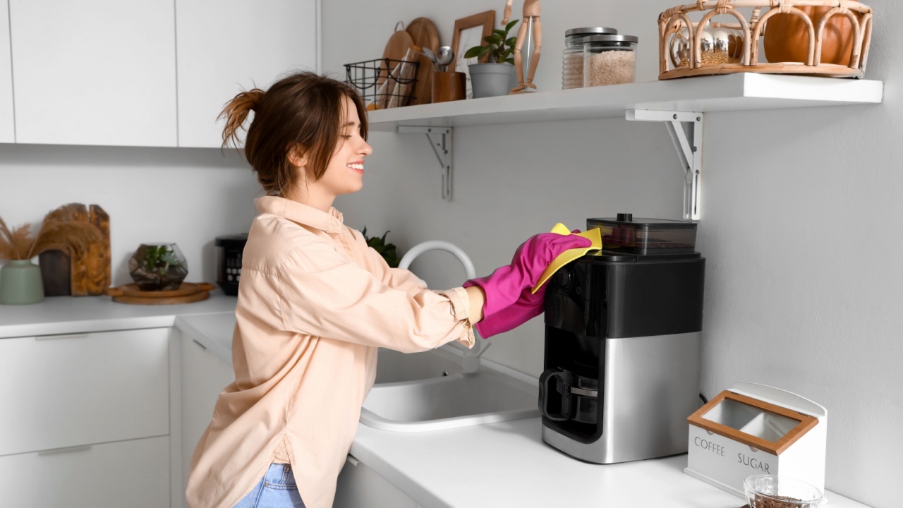 Pretty young woman cleaning coffee maker in modern kitchen