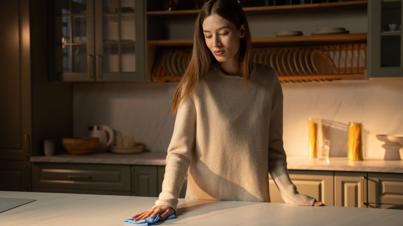 A focused young woman stands in a warmly lt kitchen, gently wiping the countertop with a blue cloth. The soft glow of the evening light creates a serene ambiance as she tidies up her cooking space