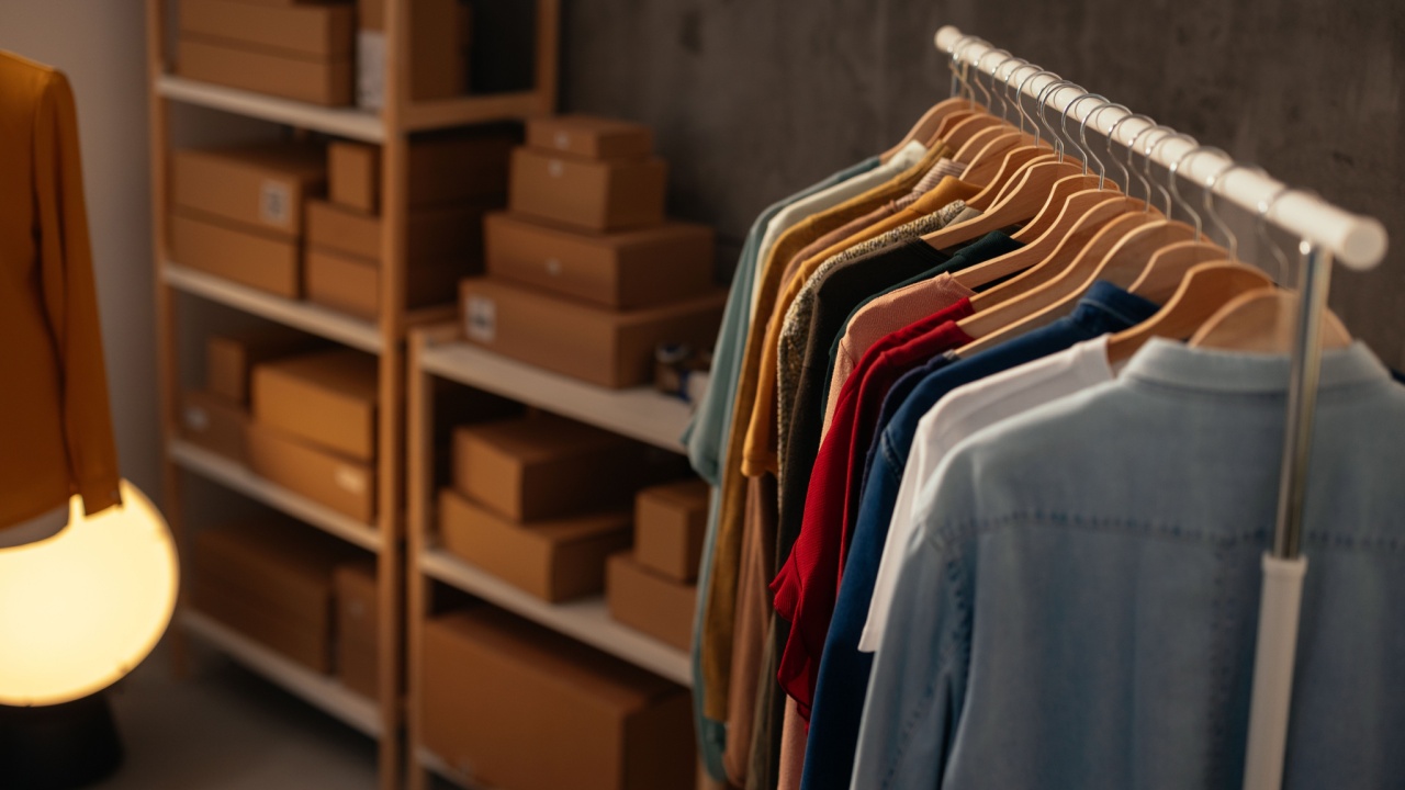 A neatly arranged clothing rack with matching storage boxes highlights organization in a stylish wardrobe area