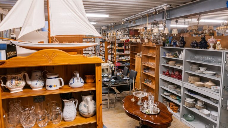 Sweden, Hanaskog – June 7, 2023: A second-hand store with many different things. Used antique, rare and vintage goods. Typical second-hand shop in Sweden.
