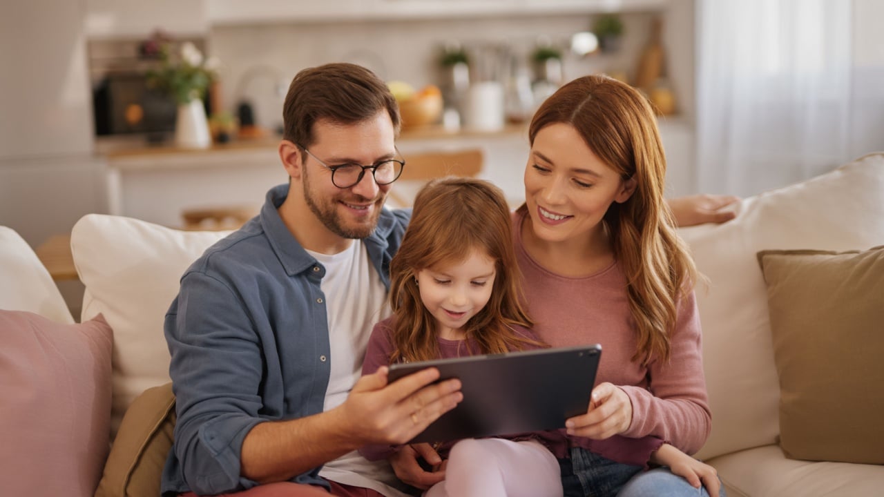 Curious little girl using the tablet with her parents in the living room