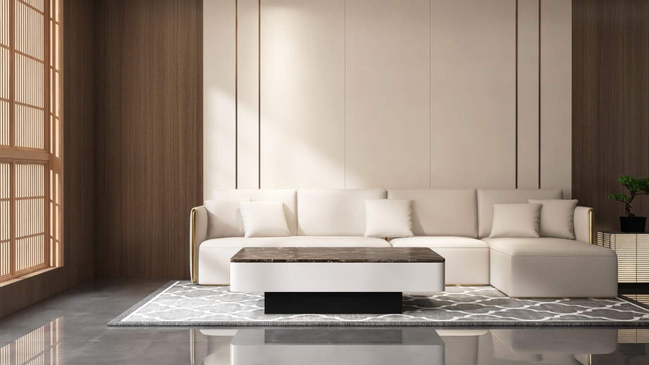 Brown wood panelling wall living room with white L shape sofa, marble coffee table in sunlight from shoji window for luxury, oriental interior design decoration, product background 3D