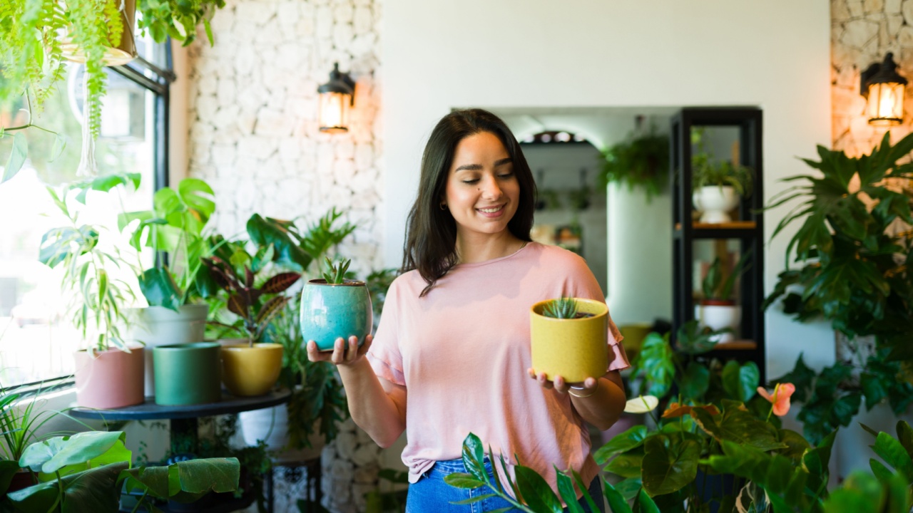 Beautiful hispanic woman holding two different succulents while shopping at a plant shop and making up her mind