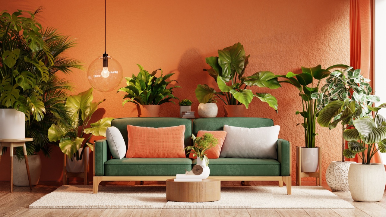 Living room features a green sofa with orange and white cushions, surrounded by lush potted plants against a bold orange wall- 3D rendering