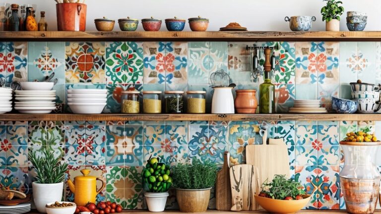 Charming Kitchen Wall Adorned with Colorful Vintage Tiles and Unique Patterns