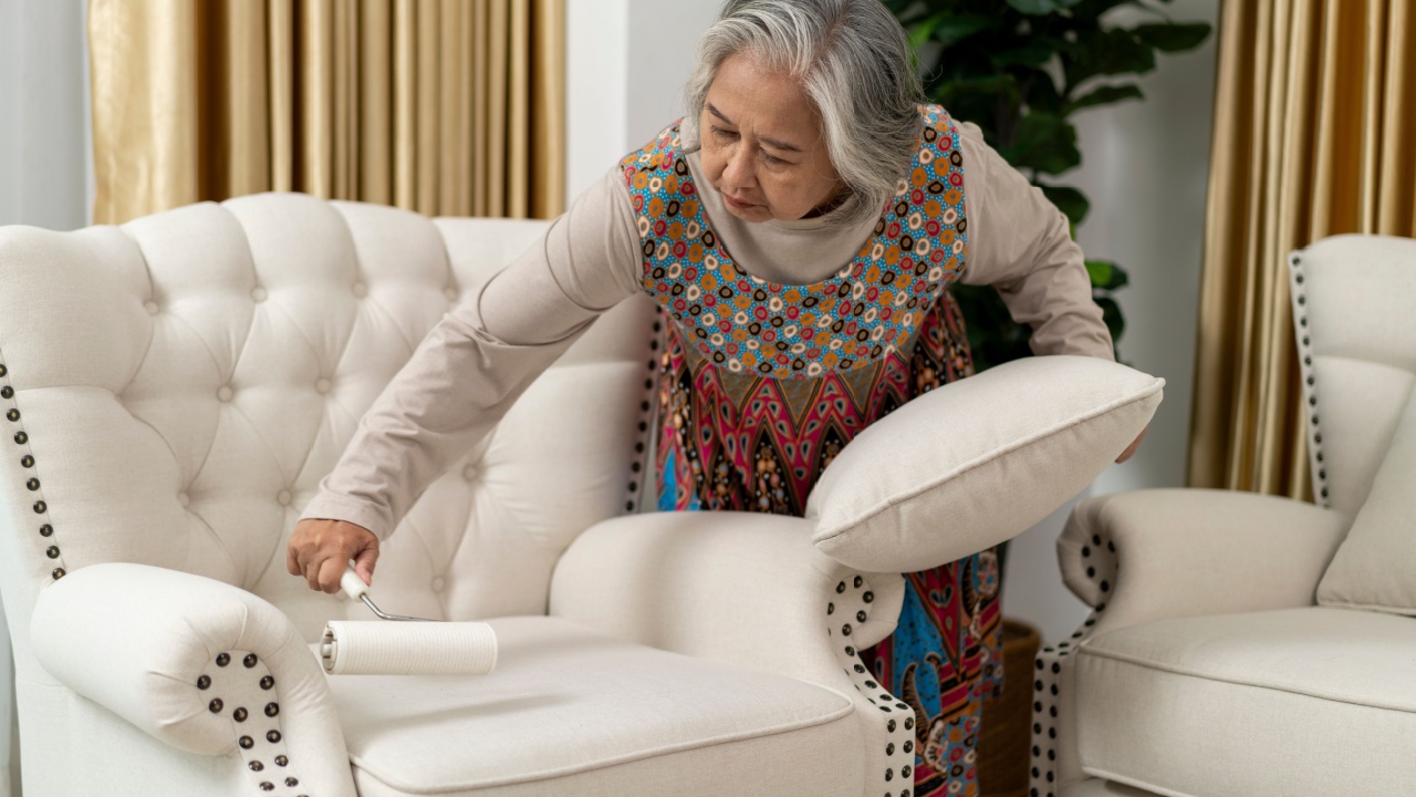 Asian middle aged Woman in colorful dress uses a lint roller to clean cushioned chair while holding a pillow in bright living room. Happy senior woman cleaning home