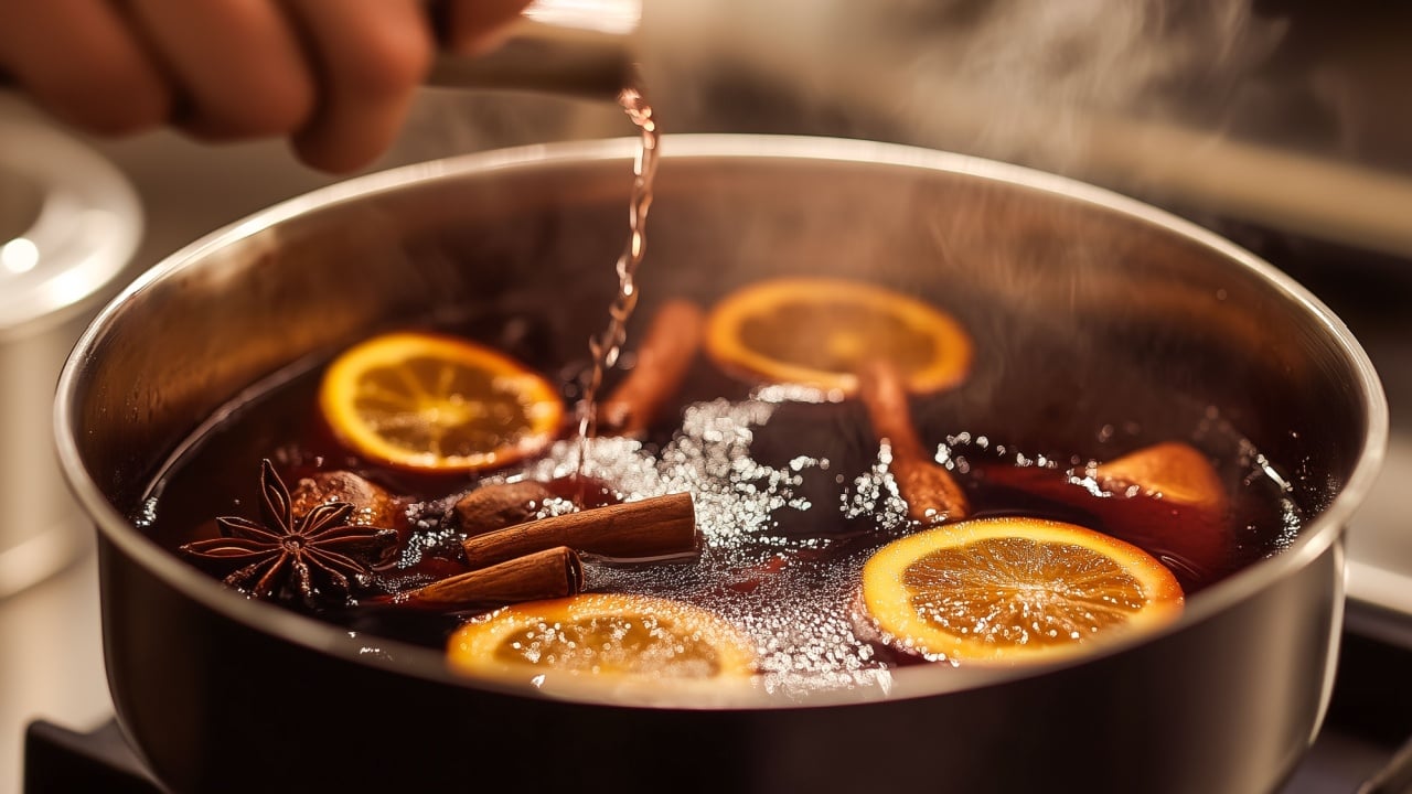 pot of mulled wine. oranges, cinnamon, anise, cloves. process of cooking. warm atmosphere