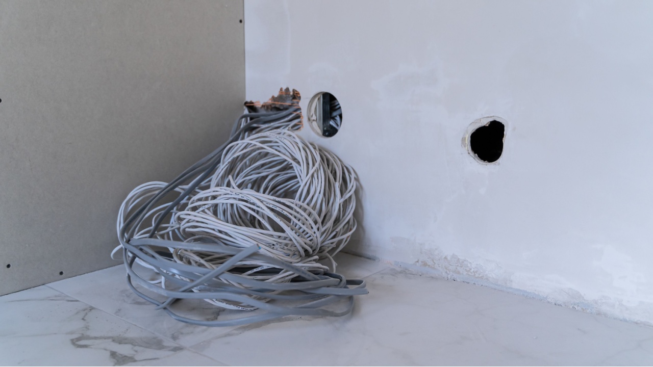 Tangled cables resting against a wall with an outlet and a hole. A cluster of tangled cables sits on the floor near a wall with a hole, showcasing a moment of electrical installation preparations.