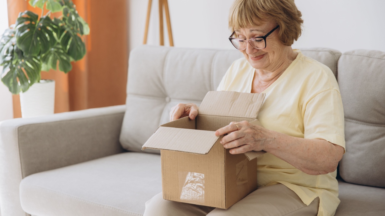 Happy senior woman sitting on couch opening carton box received parcel package, internet order, medical goods, pills, vitamins, medications, drugs.