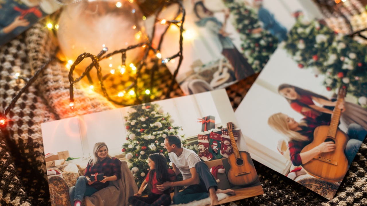 Photos of family against Christmas lights decor background