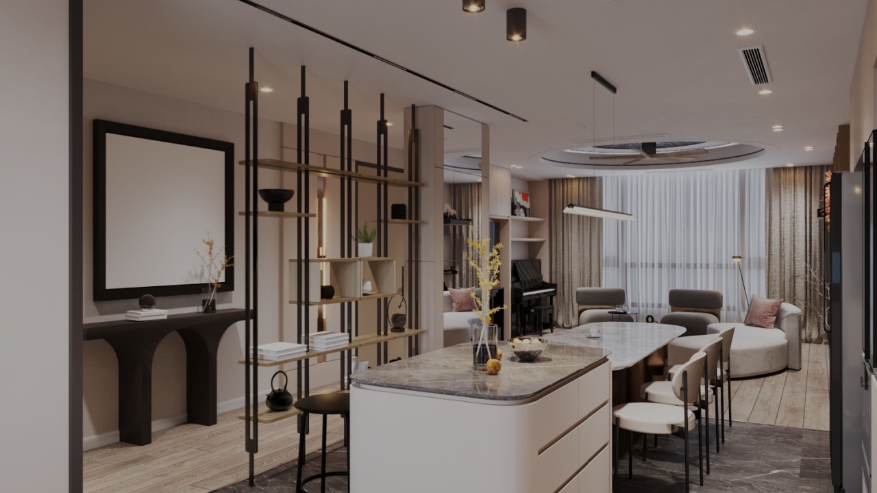 Contemporary Open-Plan Living Area with Kitchen Island and Stylish Shelving Divider