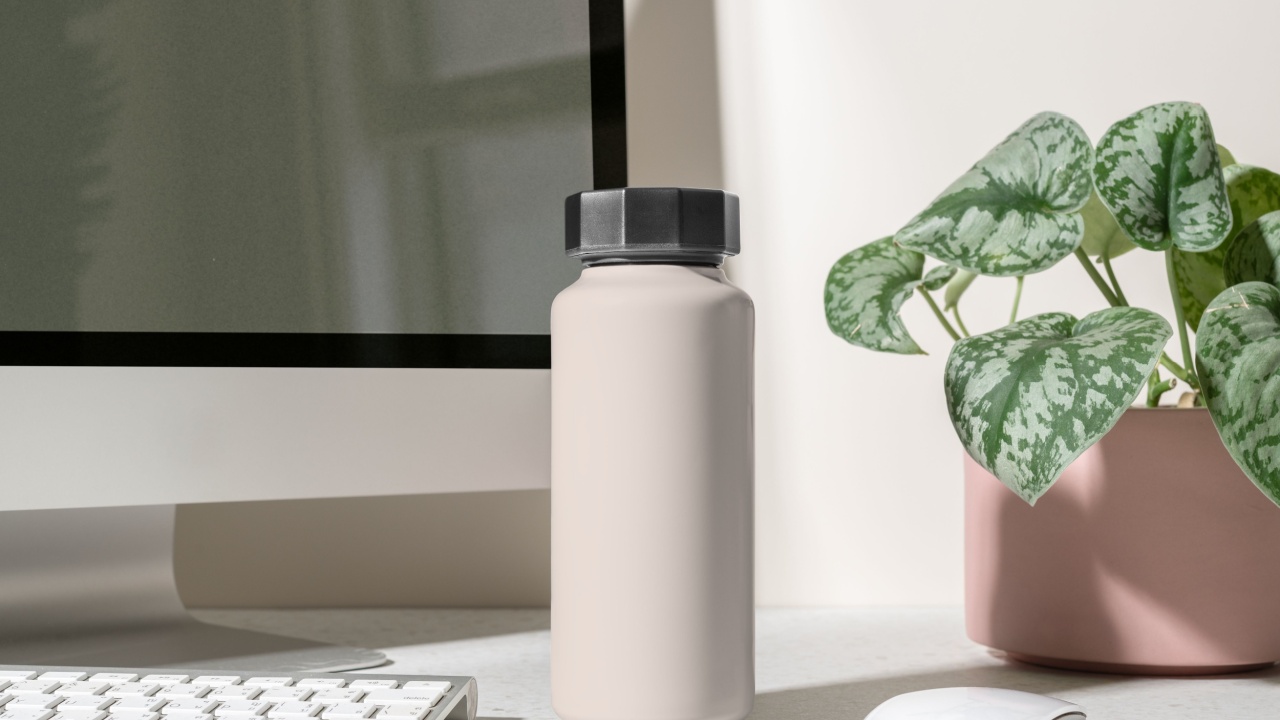 Modern workspace with gray water bottle, computer, and leafy plant. Gray water bottle on modern minimal workspace desk, with computer and house leafy plant, natural workspace decoration