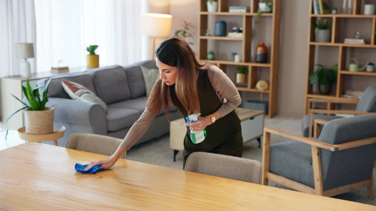 Cloth, cleaning with woman with bottle in home for housekeeping, hygiene and maintenance on weekend. Surface, bacteria and female person with detergent in house for sanitation, germs and disinfection