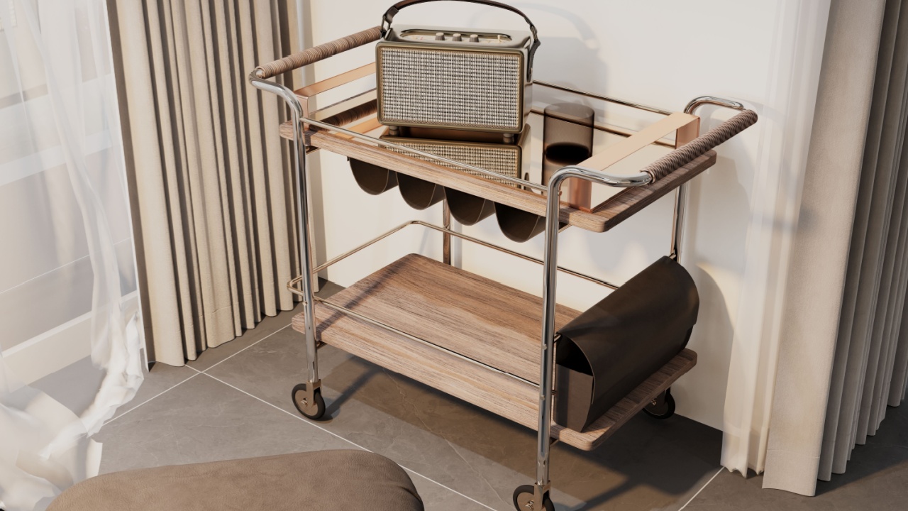 A stylish wooden bar cart showcasing a vintage radio, set in a modern living room. the scene highlights a blend of retro and contemporary design with neutral tones and sleek decor elements