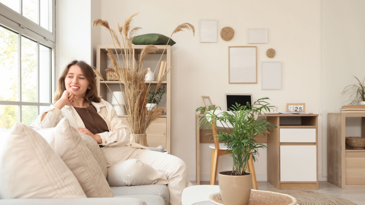Young woman sitting on sofa in beautiful living room