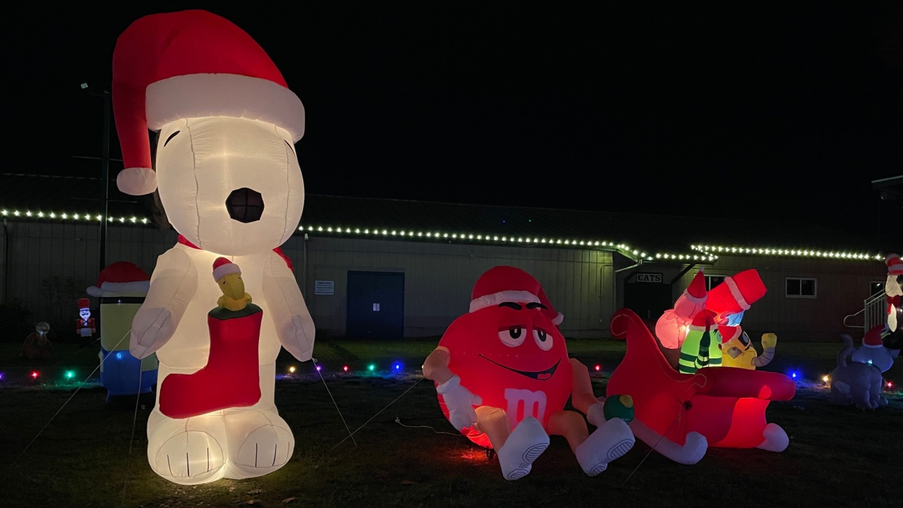 Snohomish, WA USA December 5 2024: Snoopy Charlies Browns' Dog Character inflatable illuminated at outdoor market holiday bazaar 