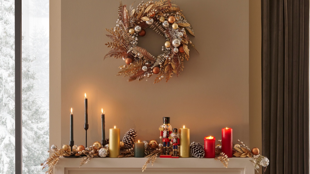 Christmas fireplace close up ornaments, candle, and pine tree style, new year concept, wall background.