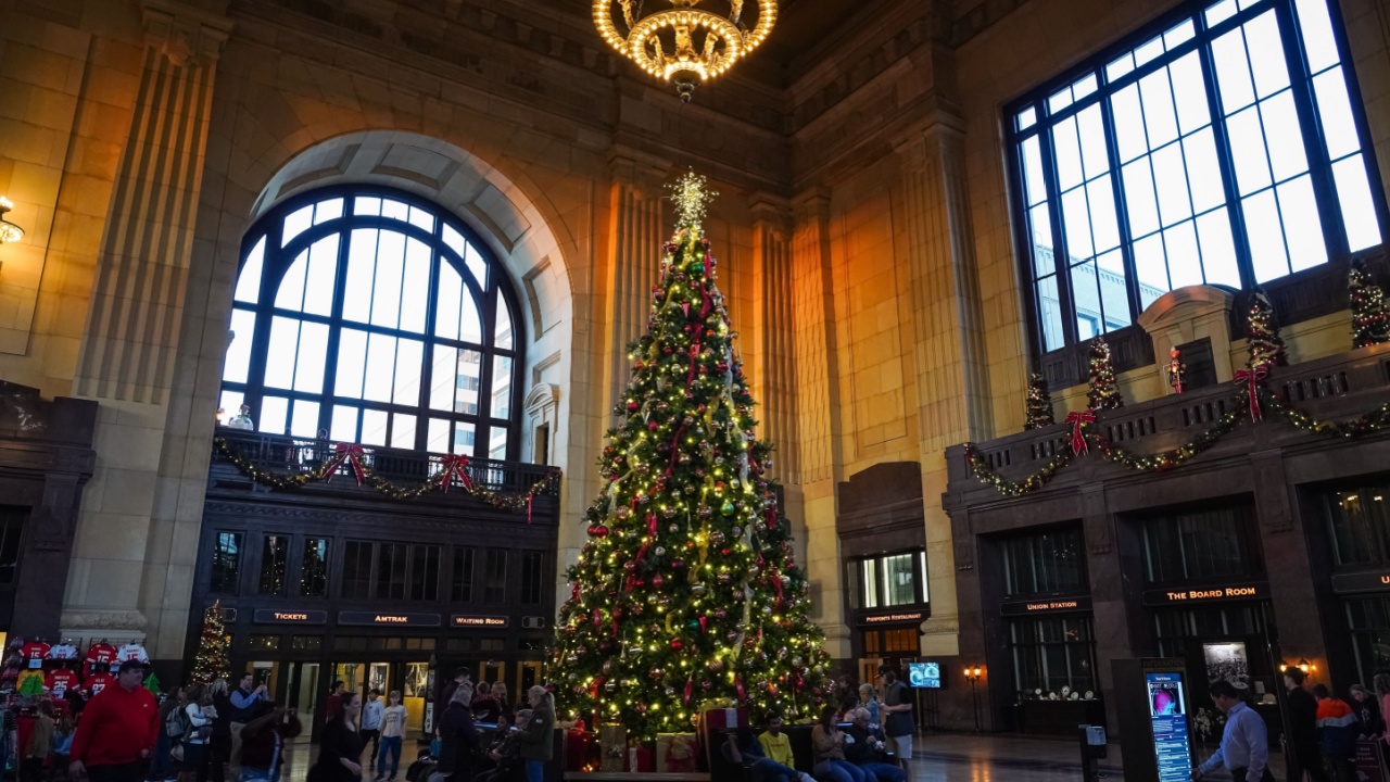Kansas City, Missouri - December 10, 2022: Crowds at Union Station, decorated for Christmas time.
