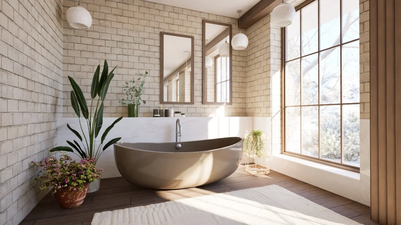 Bright Scandinavian style bathroom with natural light, freestanding bathtub, wooden beams, and warm neutral tones. Features green plants, a modern vanity, large windows.
