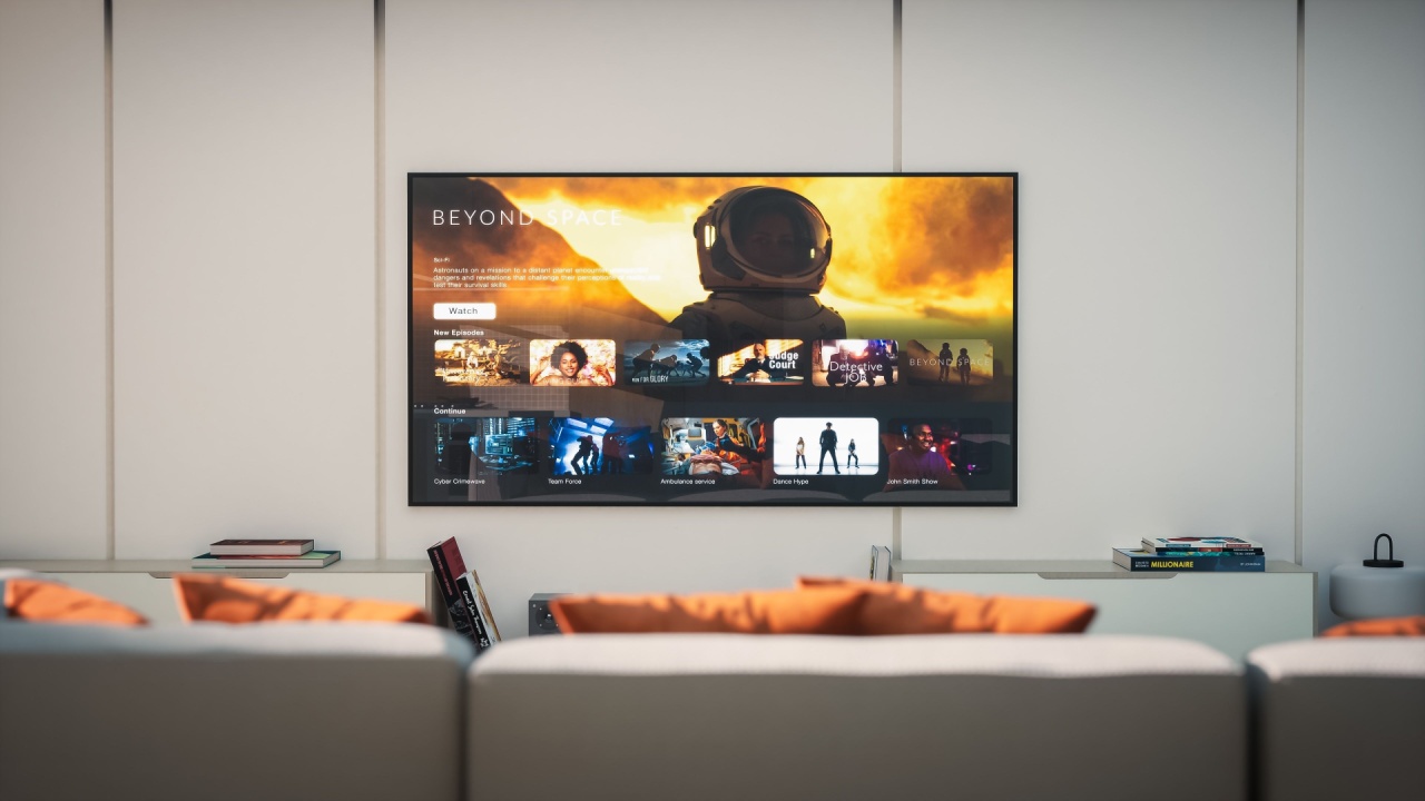 Modern Living Room With TV Displaying a Streaming Service Interface Featuring Sci-fi Shows and Movies. Cozy Seating and Minimalist Decor Enhance the Digital Experience