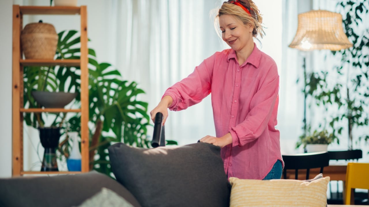 Smiling housewife using handheld vacuum cleaner to remove dust and mites from sofa in living room, enjoying domestic chores and keeping her home clean and tidy