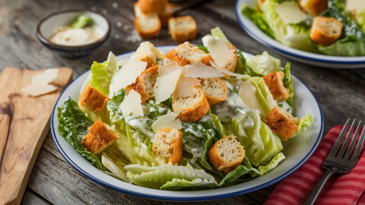 Caesar Salad: Fresh romaine lettuce tossed with creamy Caesar dressing, crunchy croutons, and shaved Parmesan, delivering a savory, classic flavor in every bite.