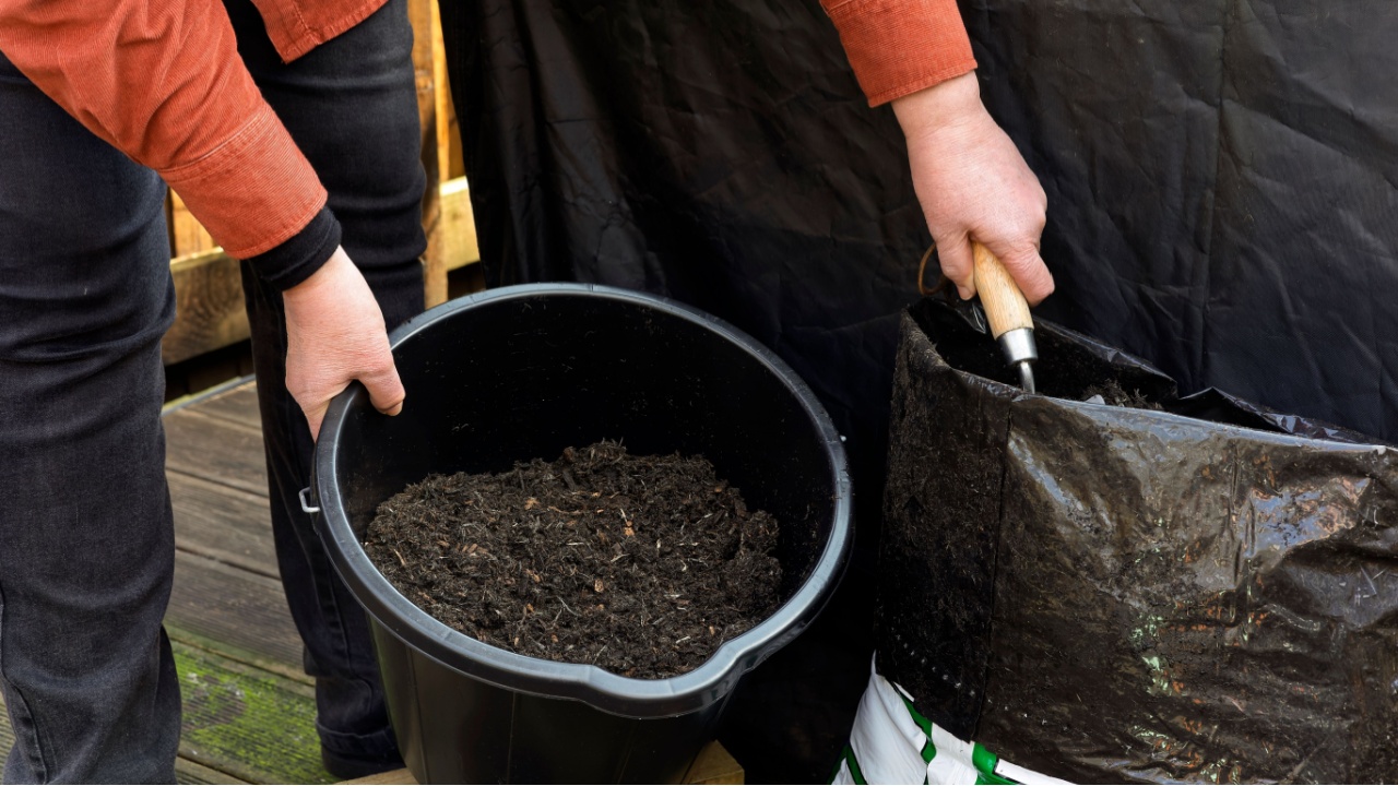 Gardener Filling Black Plastic Bucket with Trowel from Bag of Peat Free All-Purpose Compost
