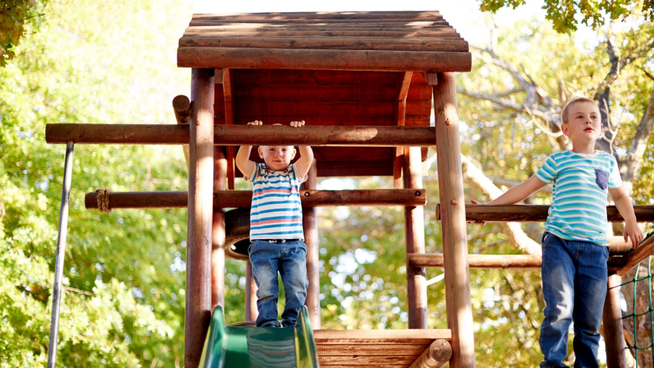 Playing, jungle gym and children in park with exploring, adventure or fun hobby in nature. Happy, activity and boy kids climb on wooden playground equipment for cognitive development outdoor in field