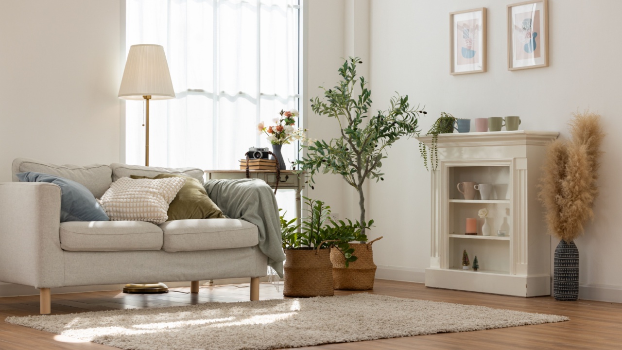 Bright living room featuring a comfortable sofa, indoor plants, natural lighting, minimalist furniture, and warm, neutral decor accents.