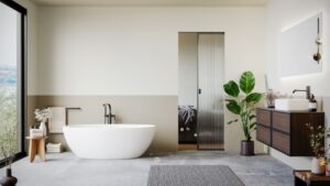 Modern minimalist bathroom interior, pastel decor concept, modern wooden bathroom furniture with interior plants.