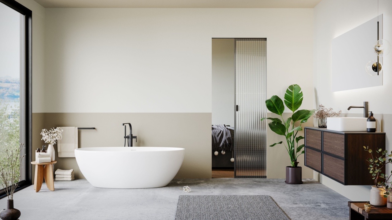 Modern minimalist bathroom interior, pastel decor concept, modern wooden bathroom furniture with interior plants.