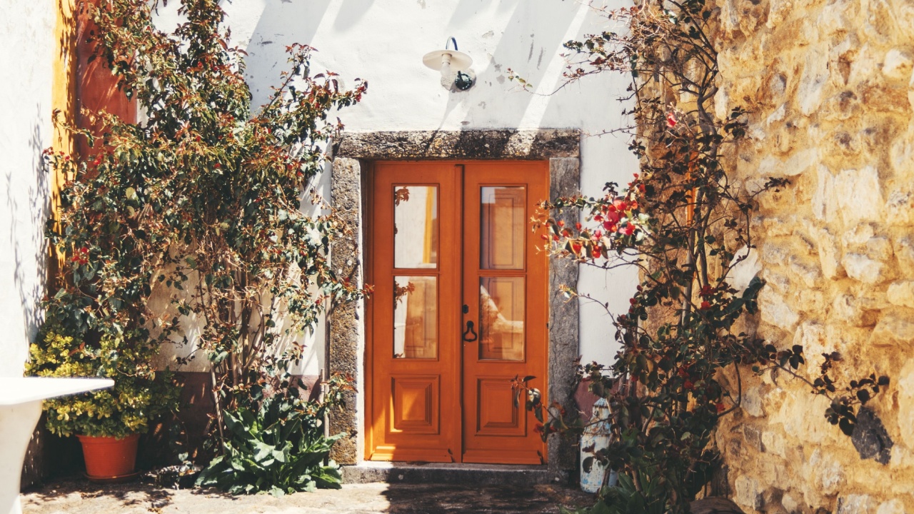 Sunny courtyard in Aldeia da Mata Pequena, Portugal, featuring a rustic whitewashed house with a vivid orange wooden door, stone walls, climbing plants, and cozy decorative elements